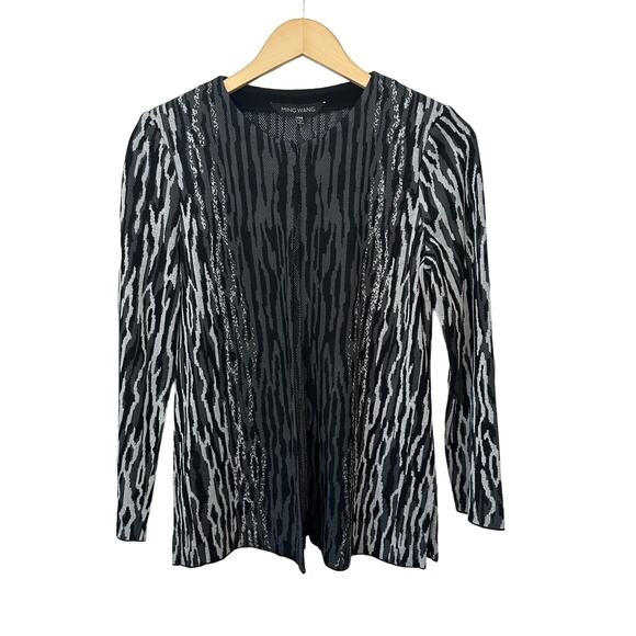 Ming Wang Open Knit Cardigan Women's Size Petite XS Black Gray Animal Print - Picture 1 of 7